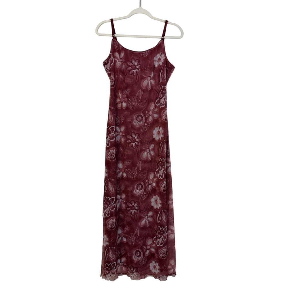 Vintage New Cover Burgundy Mesh Overlay Maxi Slip Dress Sz M Floral Grunge Goth